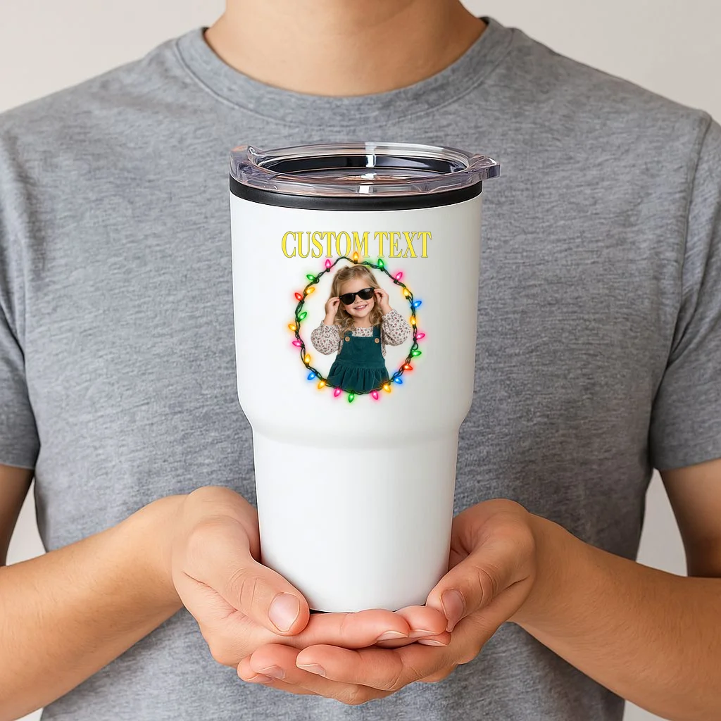 Custom Photo Christmas Personalized Text Gift - Vintage Christmas Lights Photo Collage Design 20oz Tumbler - Front 1