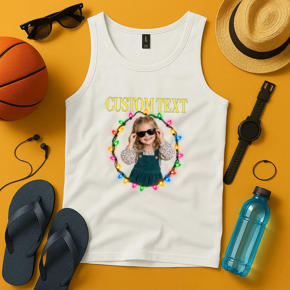 Custom Photo Christmas Personalized Text Gift - Vintage Christmas Lights Photo Collage Design Men's Tank Top - Front 3