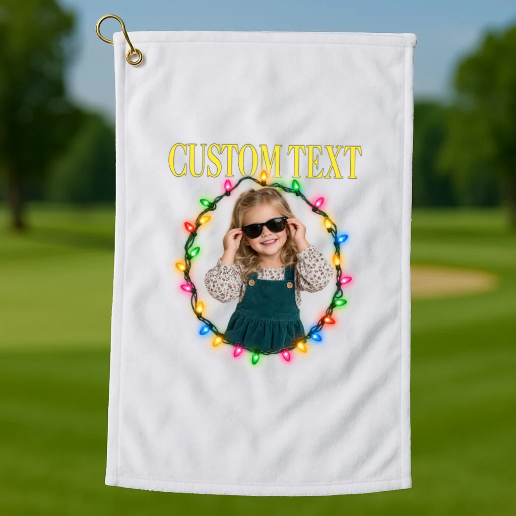 Custom Photo Christmas Personalized Text Gift - Vintage Christmas Lights Photo Collage Design Golf Towel - Front 1