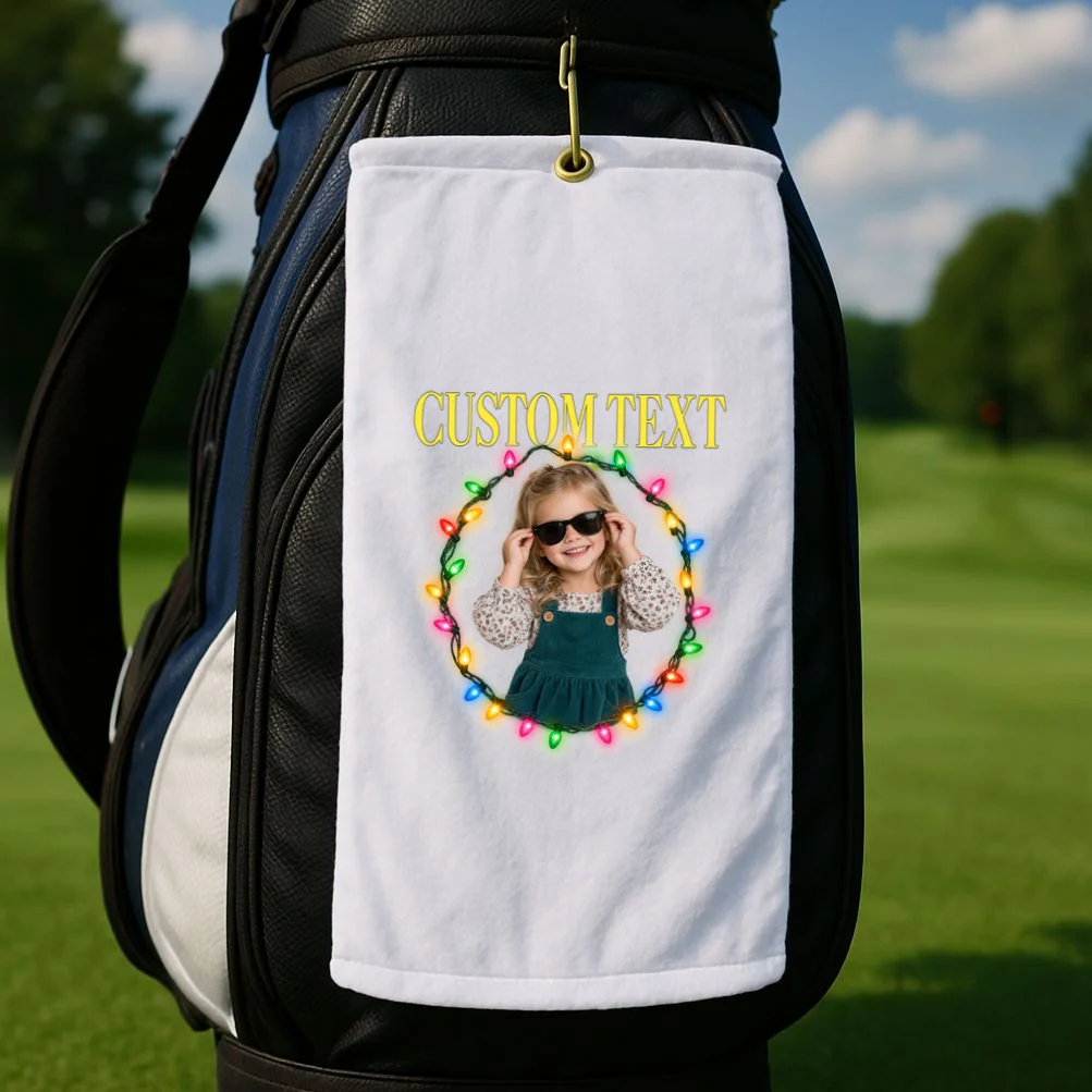 Custom Photo Christmas Personalized Text Gift - Vintage Christmas Lights Photo Collage Design Golf Towel - Front 2