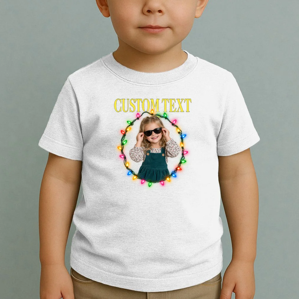 Custom Photo Christmas Personalized Text Gift - Vintage Christmas Lights Photo Collage Design Toddler T-Shirt - Front 1
