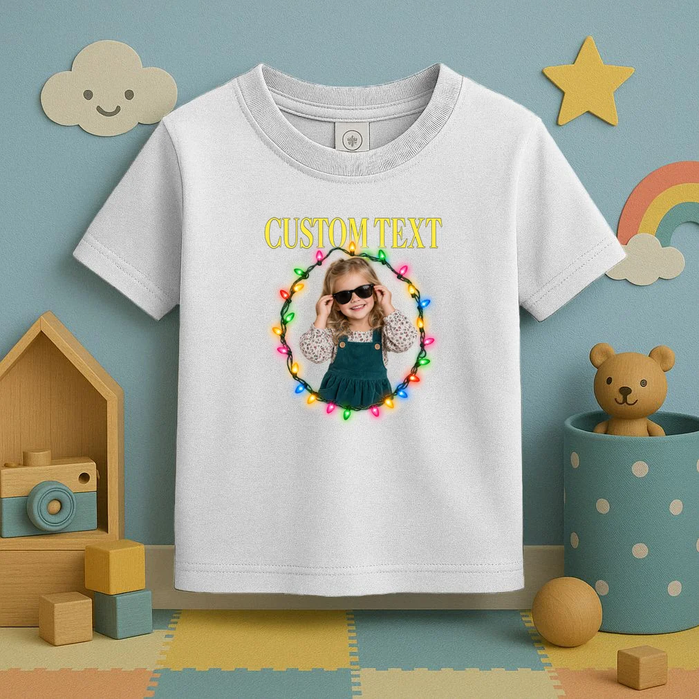 Custom Photo Christmas Personalized Text Gift - Vintage Christmas Lights Photo Collage Design Toddler T-Shirt - Front 2