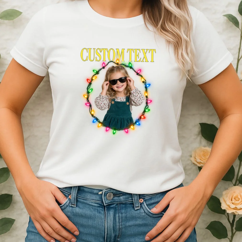 Custom Photo Christmas Personalized Text Gift - Vintage Christmas Lights Photo Collage Design Women's T-Shirt - Front 1