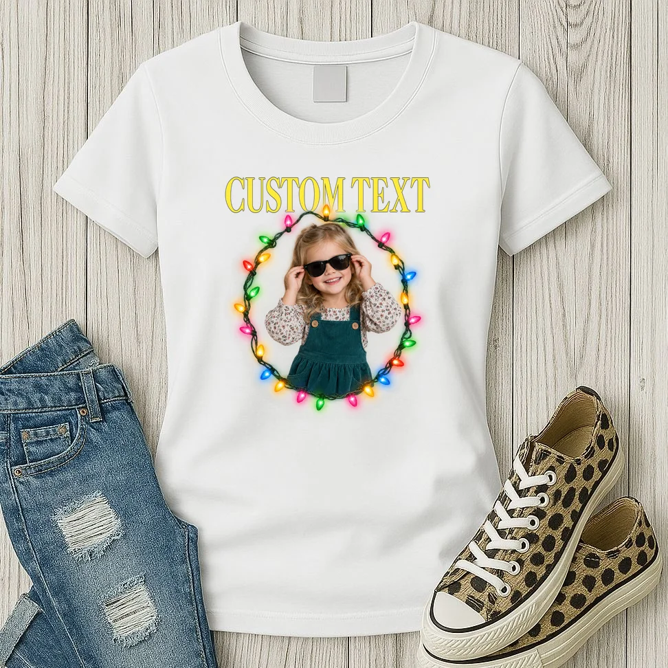 Custom Photo Christmas Personalized Text Gift - Vintage Christmas Lights Photo Collage Design Women's T-Shirt - Front 2
