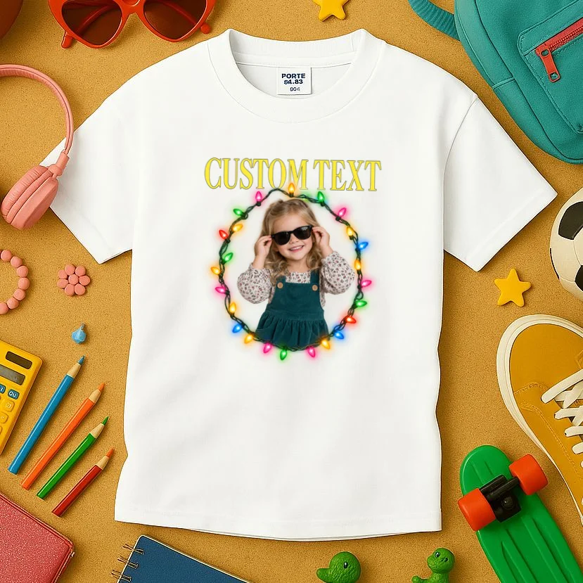 Custom Photo Christmas Personalized Text Gift - Vintage Christmas Lights Photo Collage Design Kids T-Shirt - Front 2