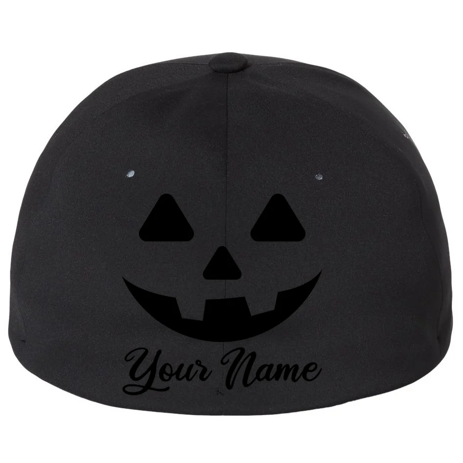 Personalized Jack O'Lantern Halloween Flexfit Men's Snapback Hat Custom Name - Back - Close-up