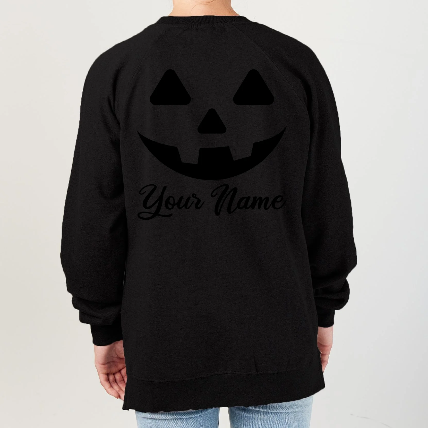 Personalized Jack O'Lantern Halloween Women's Sweatshirt Custom Name - Back - Close-up