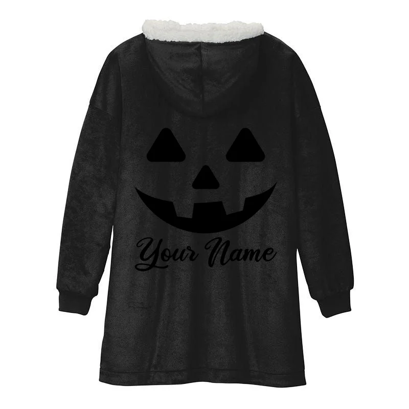 Personalized Jack O'Lantern Halloween Hooded Blanket Custom Name - Back - Close-up