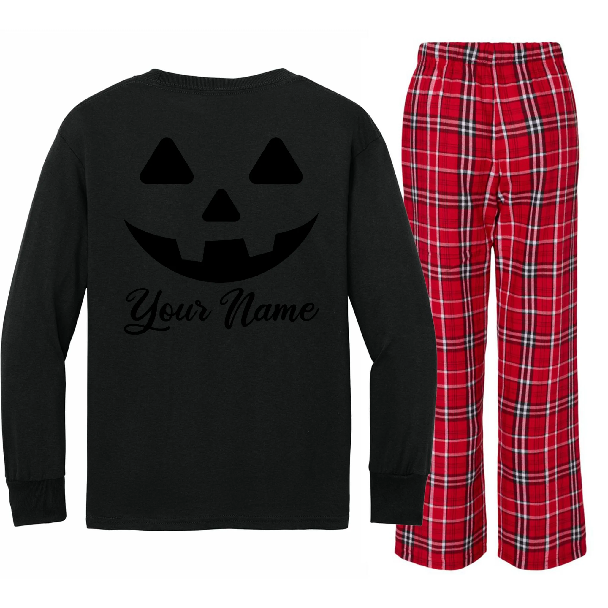 Personalized Jack O'Lantern Halloween Kids Long Sleeve Pajamas Custom Name - Back