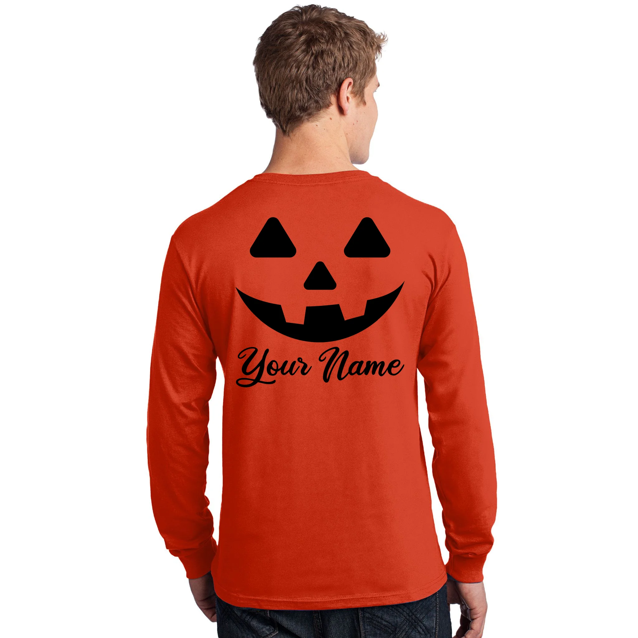 Personalized Jack O'Lantern Halloween Long Sleeve Shirt Custom Name - Back