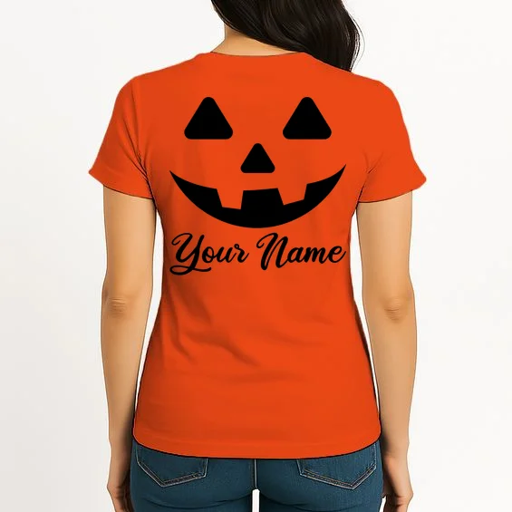 Personalized Jack O'Lantern Halloween Women's T-Shirt Custom Name - Back