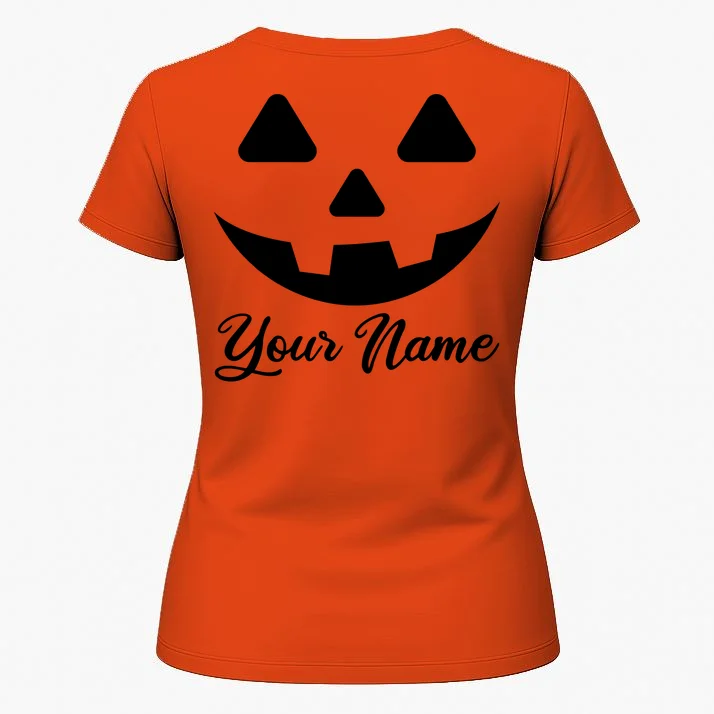 Personalized Jack O'Lantern Halloween Women's T-Shirt Custom Name - Back 1