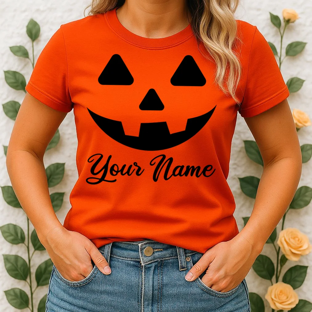 Personalized Jack O'Lantern Halloween Women's T-Shirt Custom Name - Front 1
