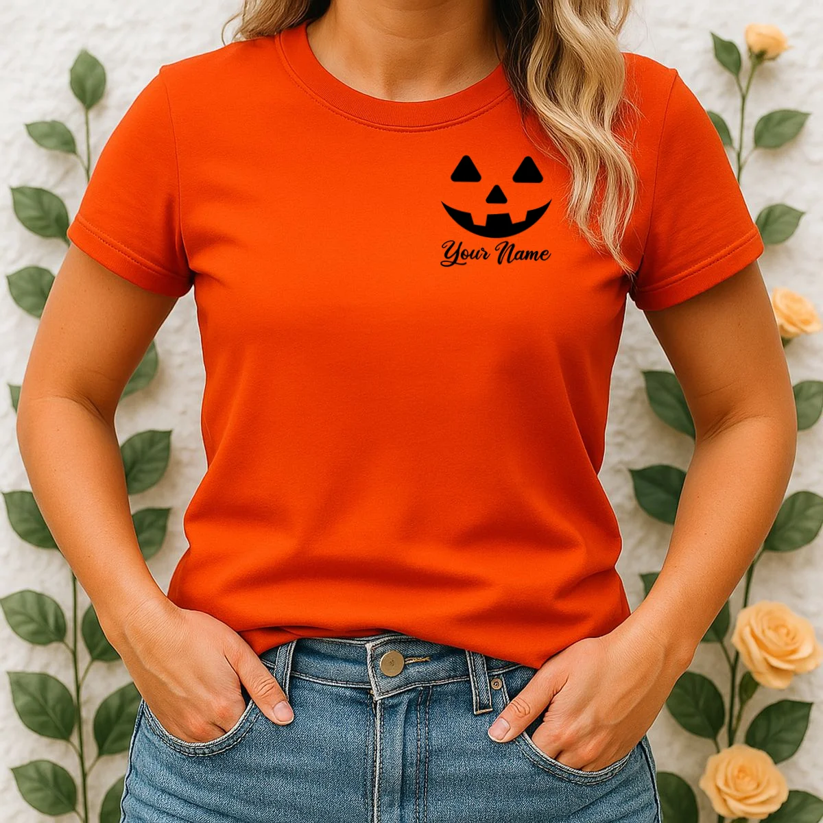 Personalized Jack O'Lantern Halloween Women's T-Shirt Custom Name - Front 1
