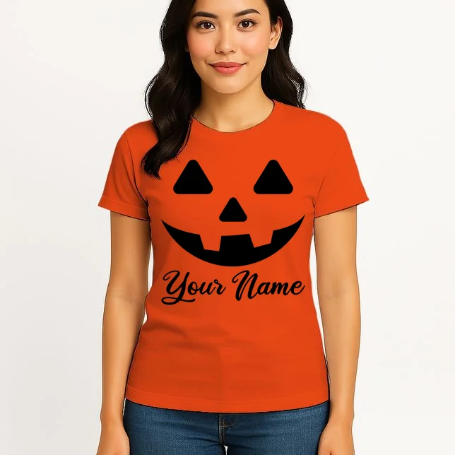 Personalized Jack O'Lantern Halloween Women's T-Shirt Custom Name - Front 3