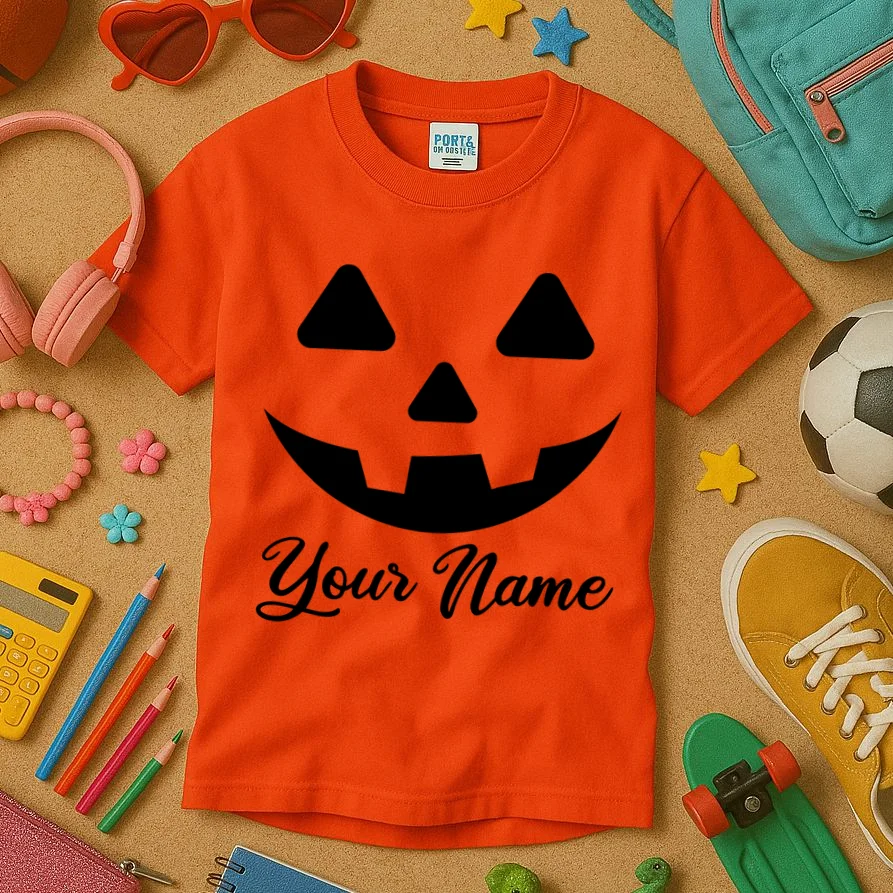 Personalized Jack O'Lantern Halloween Kids T-Shirt Custom Name - Front 2