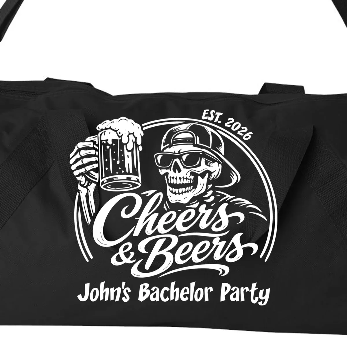 Custom Bachelor Party Skeleton Bachelor Trip Duffel Bag - Front - Close-up