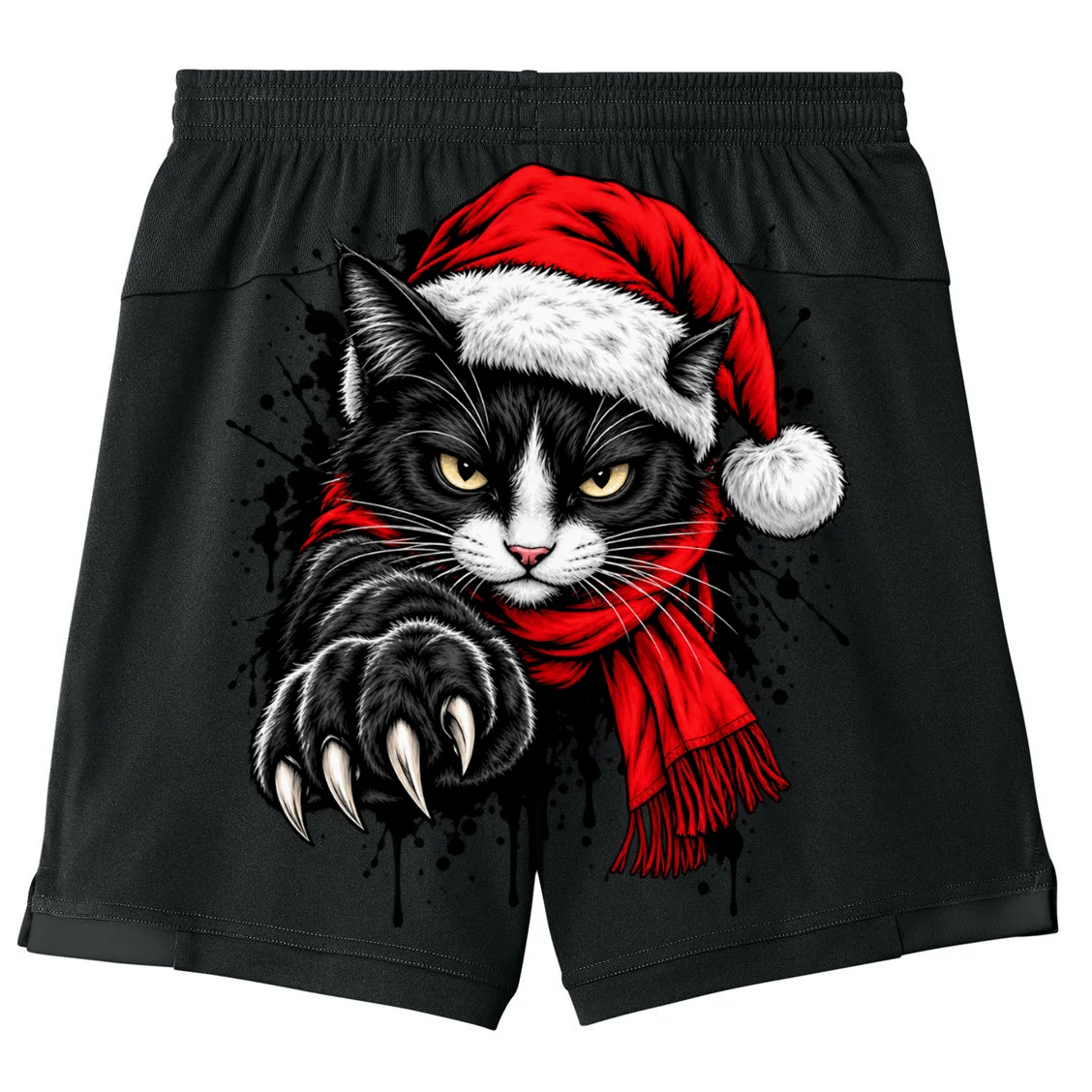 Christmas Cat Portrait Personalized Pet Gift - Grumpy Cat Santa Hat Custom Design Kids Shorts - Back
