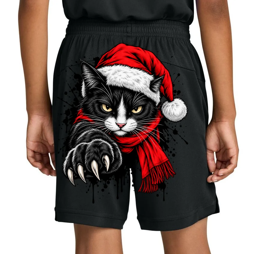 Christmas Cat Portrait Personalized Pet Gift - Grumpy Cat Santa Hat Custom Design Kids Shorts - Back 1