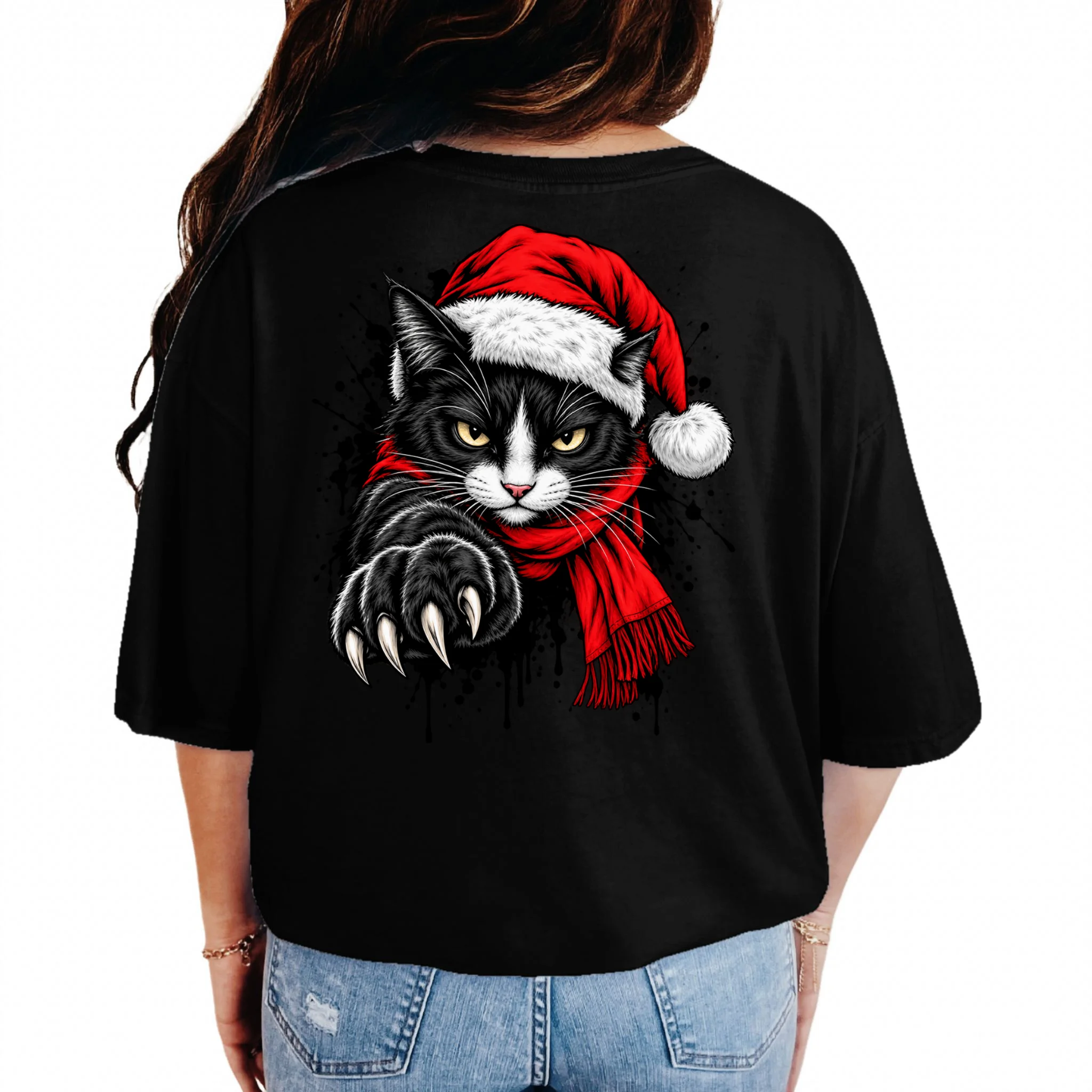 Christmas Cat Portrait Personalized Pet Gift - Grumpy Cat Santa Hat Custom Design Comfort Colors Unisex T-Shirt - Back