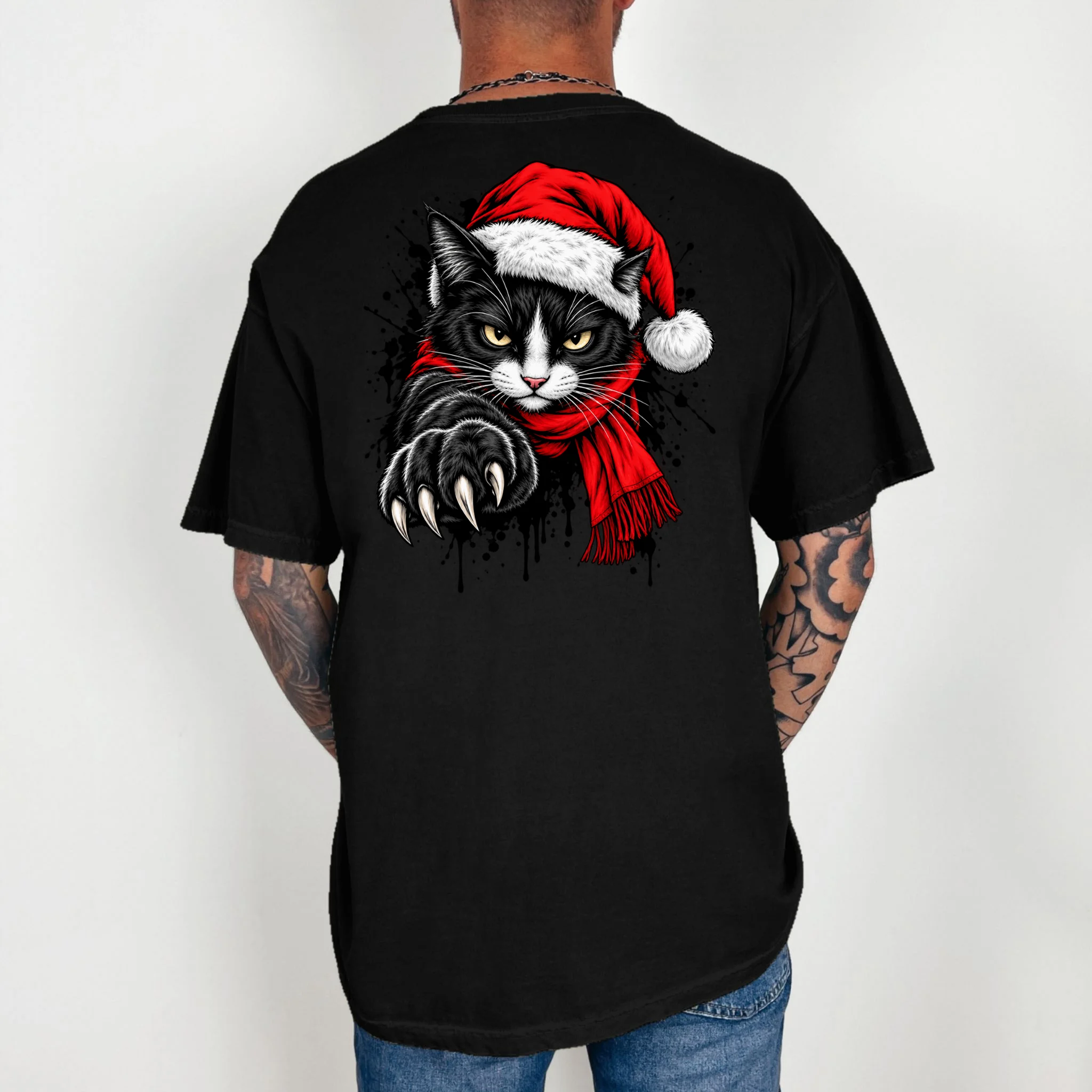 Christmas Cat Portrait Personalized Pet Gift - Grumpy Cat Santa Hat Custom Design Comfort Colors Unisex T-Shirt - Back 2