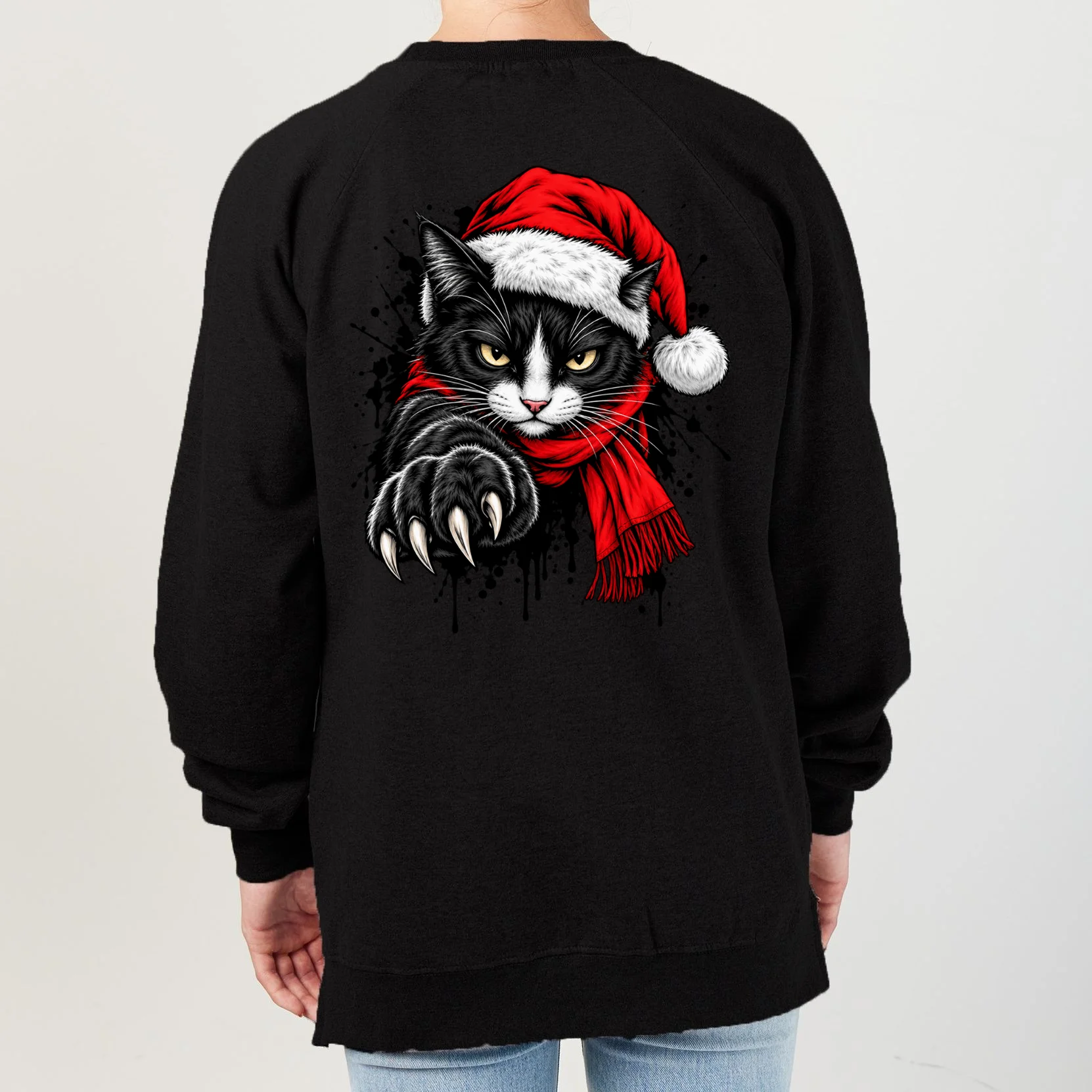 Christmas Cat Portrait Personalized Pet Gift - Grumpy Cat Santa Hat Custom Design Women's Sweatshirt - Back - Close-up
