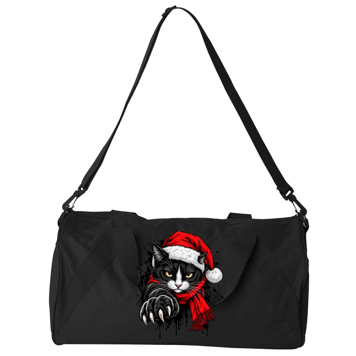 Christmas Cat Portrait Personalized Pet Gift - Grumpy Cat Santa Hat Custom Design Duffel Bag - Back - Close-up