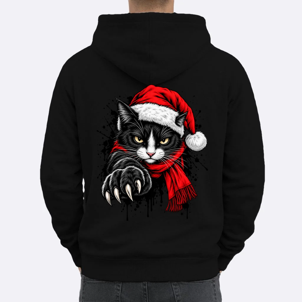 Christmas Cat Portrait Personalized Pet Gift - Grumpy Cat Santa Hat Custom Design Men's Hoodie - Back 1