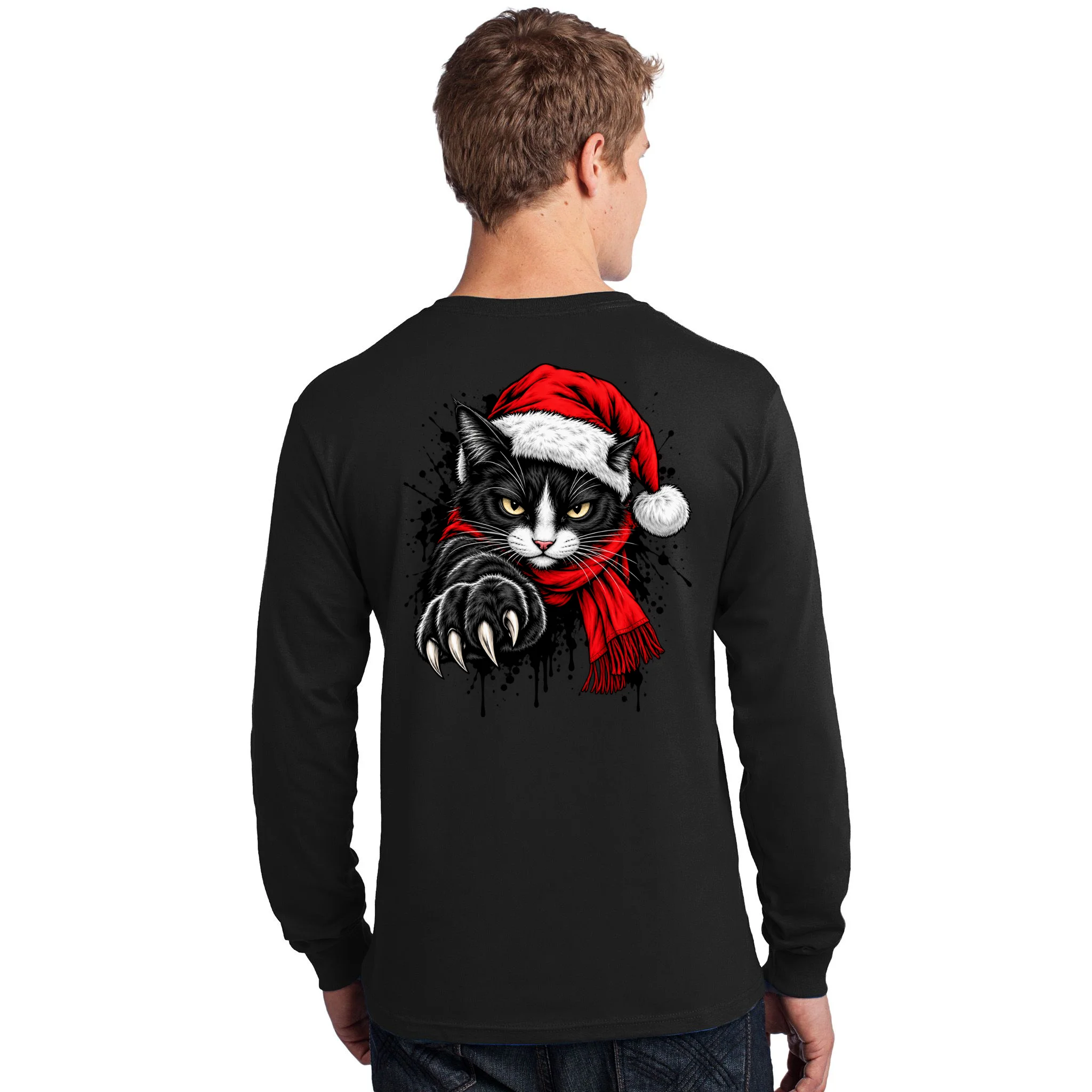 Christmas Cat Portrait Personalized Pet Gift - Grumpy Cat Santa Hat Custom Design Men's Long Sleeve Shirt - Back - Close-up