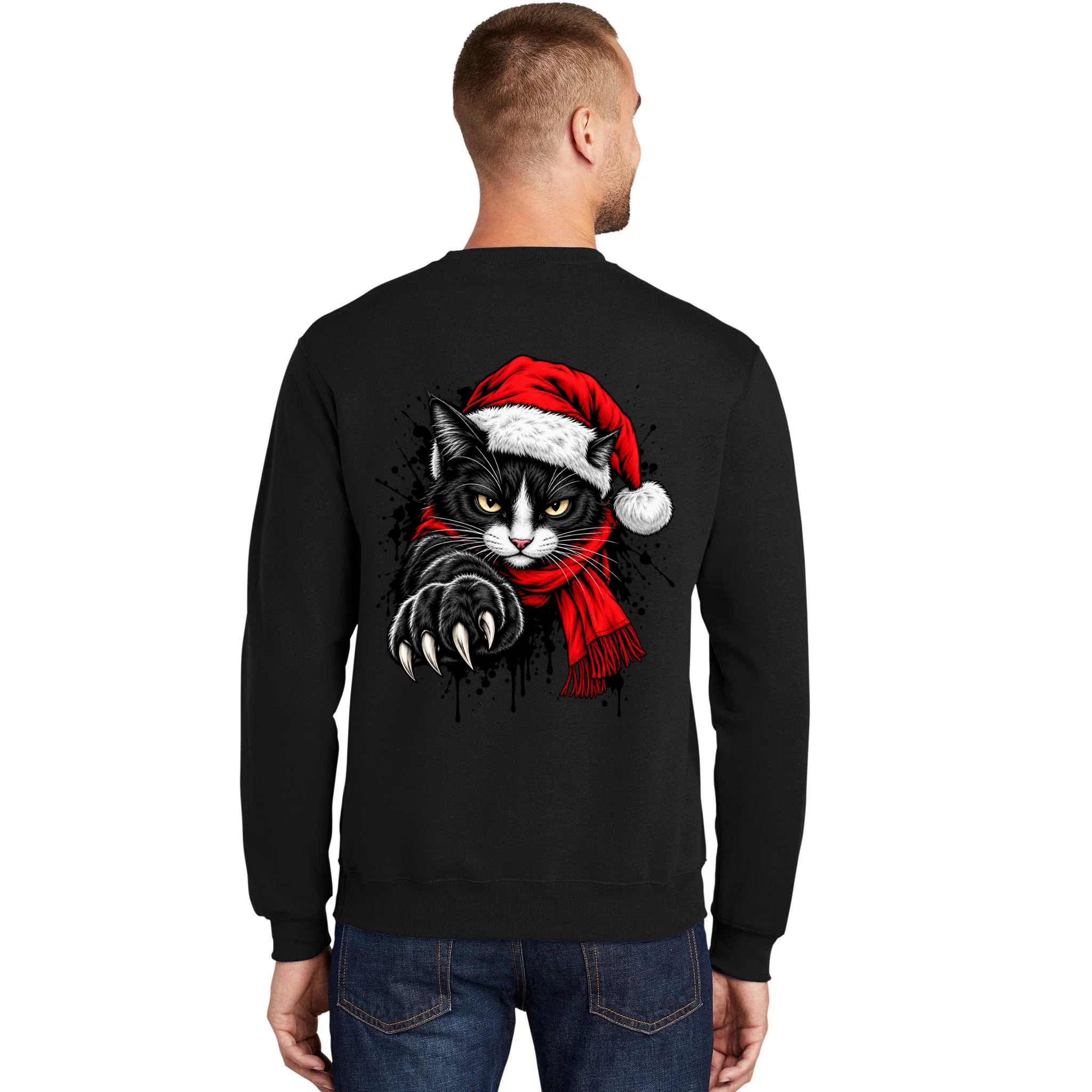 Christmas Cat Portrait Personalized Pet Gift - Grumpy Cat Santa Hat Custom Design Men's Sweatshirt - Back