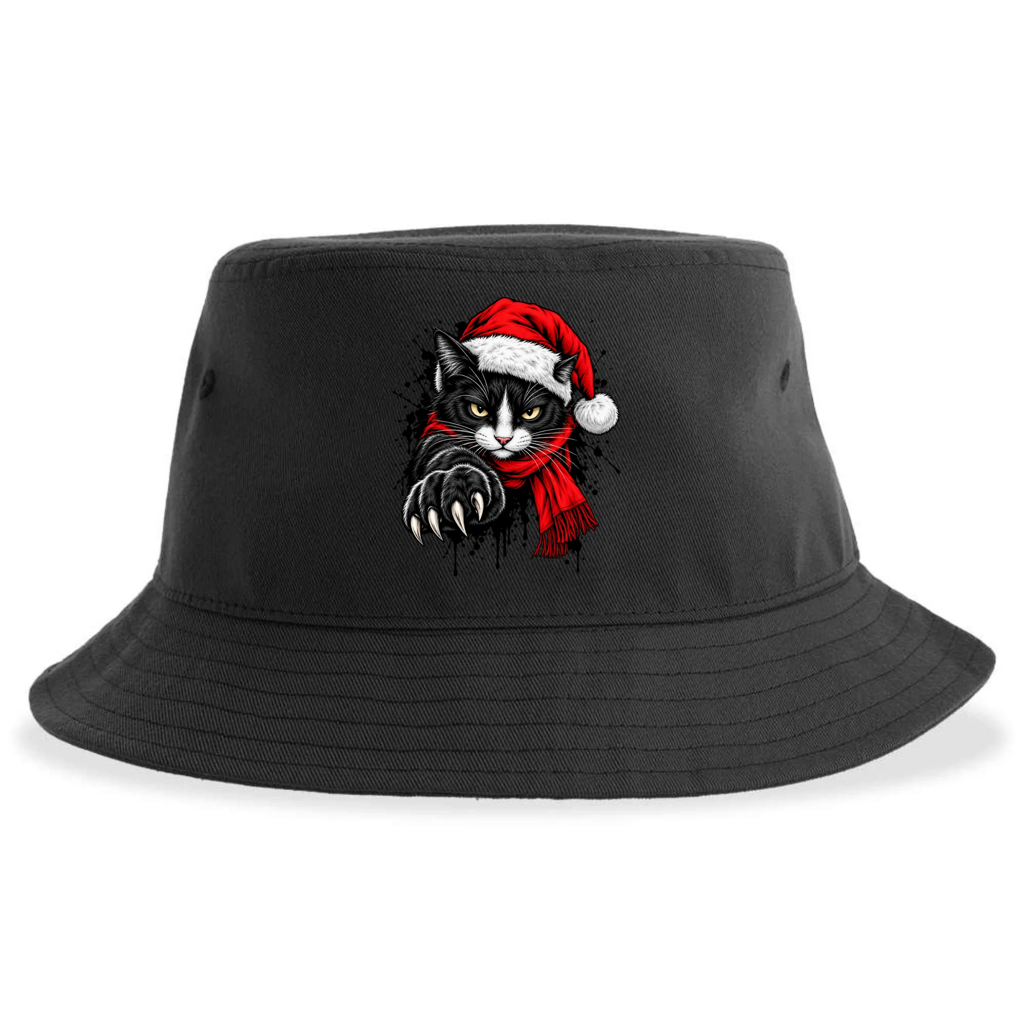 Christmas Cat Portrait Personalized Pet Gift - Grumpy Cat Santa Hat Custom Design Bucket Hat - Back - Close-up