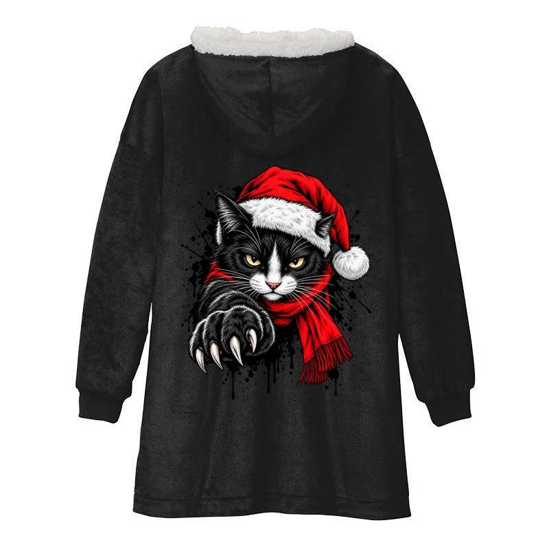 Christmas Cat Portrait Personalized Pet Gift - Grumpy Cat Santa Hat Custom Design Hooded Blanket - Back - Close-up