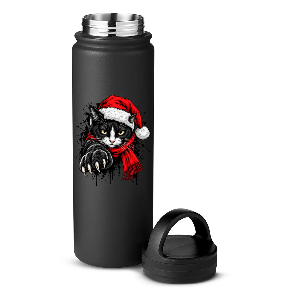 Christmas Cat Portrait Personalized Pet Gift - Grumpy Cat Santa Hat Custom Design 24oz Water Bottle - Back - Close-up