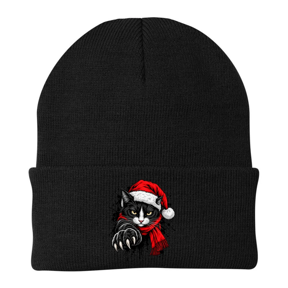 Christmas Cat Portrait Personalized Pet Gift - Grumpy Cat Santa Hat Custom Design Beanie - Back - Close-up