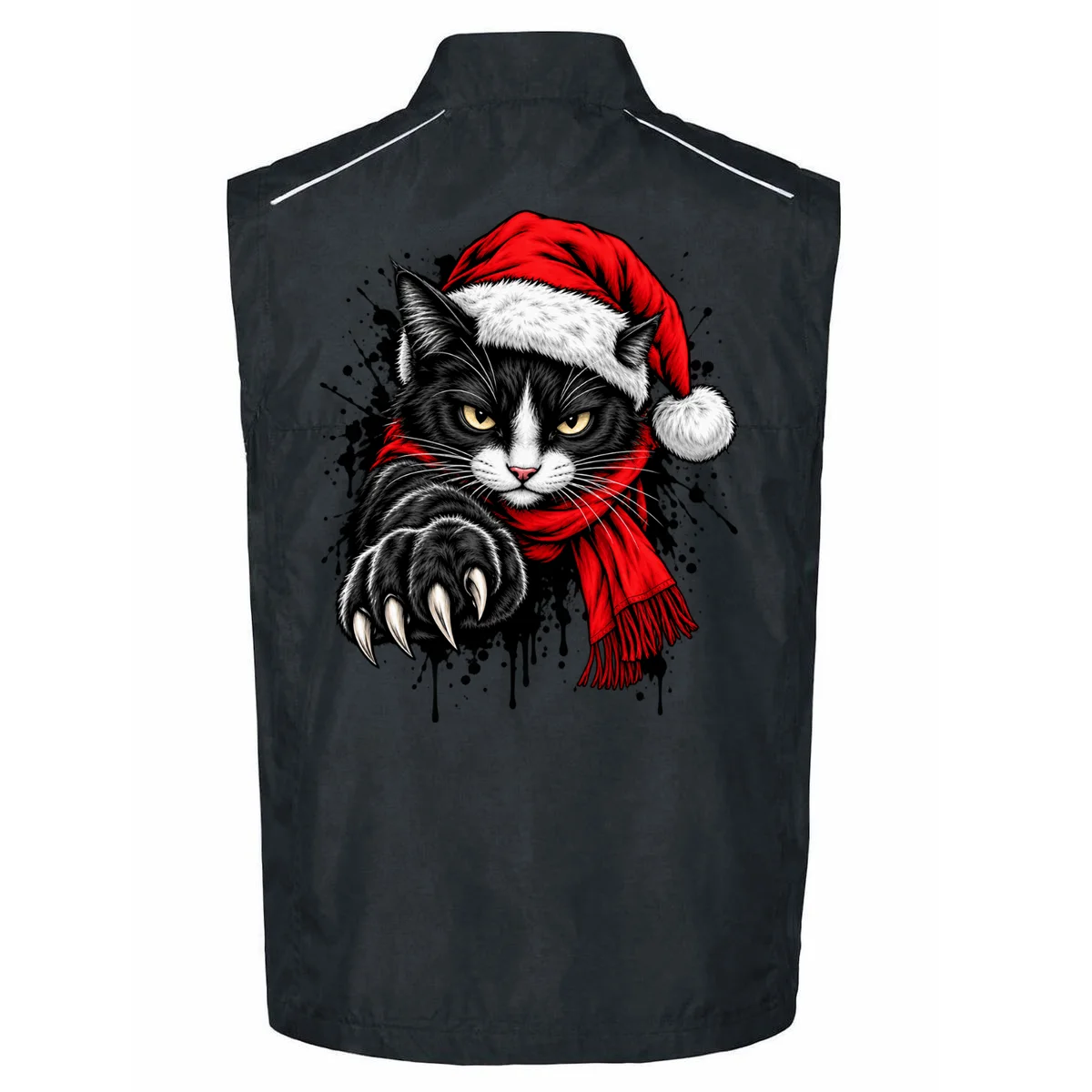 Christmas Cat Portrait Personalized Pet Gift - Grumpy Cat Santa Hat Custom Design Men's Vest - Back - Close-up
