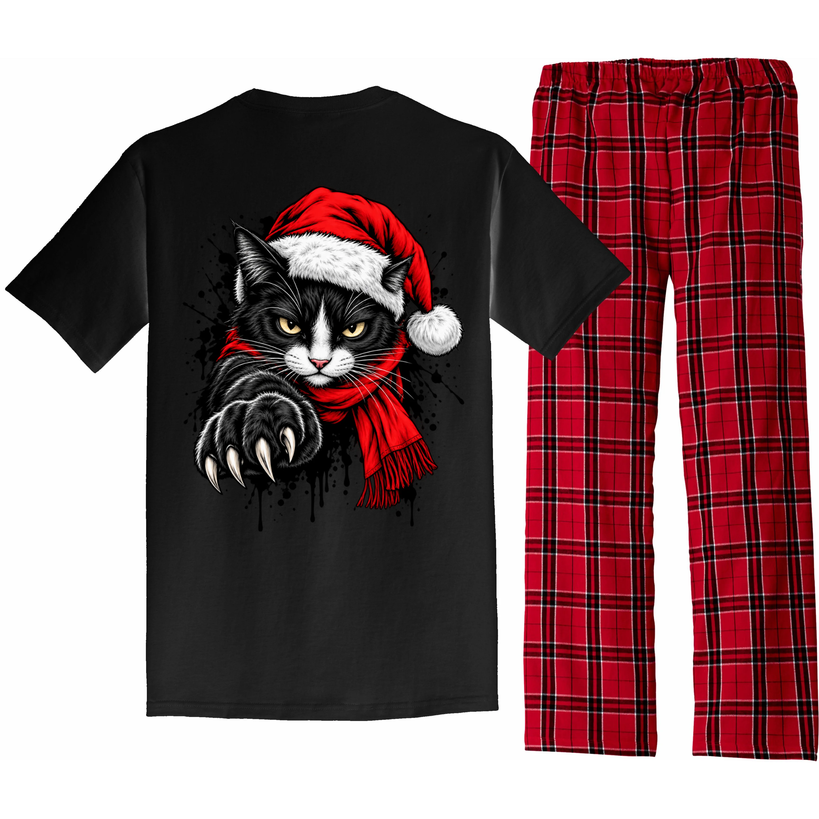 Christmas Cat Portrait Personalized Pet Gift - Grumpy Cat Santa Hat Custom Design Men's Pajamas - Back - Close-up