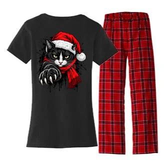 Christmas Cat Portrait Personalized Pet Gift - Grumpy Cat Santa Hat Custom Design Women's Flannel Pajama Set - Back - Close-up