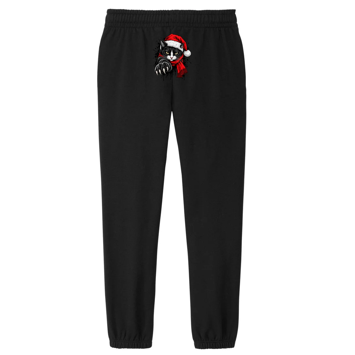 Christmas Cat Portrait Personalized Pet Gift - Grumpy Cat Santa Hat Custom Design Women's Fleece Sweatpants - Back - Close-up