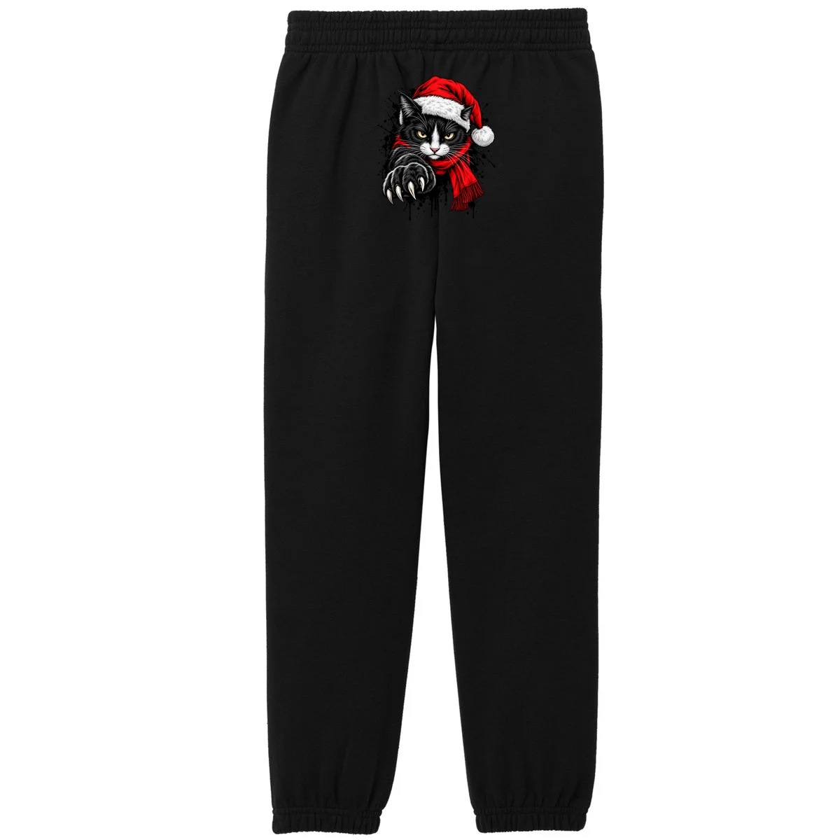 Christmas Cat Portrait Personalized Pet Gift - Grumpy Cat Santa Hat Custom Design Kids Fleece Sweatpants - Back - Close-up