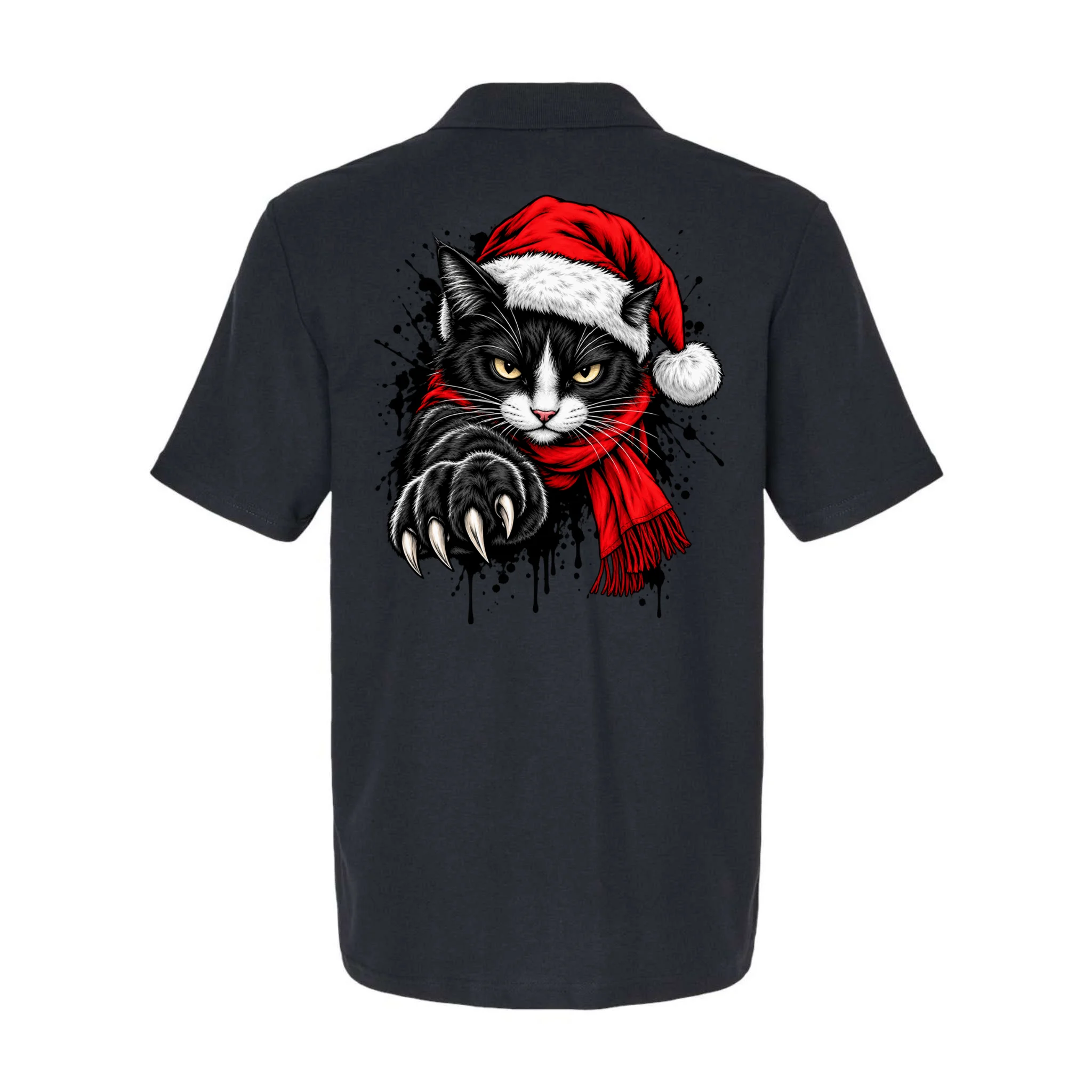 Christmas Cat Portrait Personalized Pet Gift - Grumpy Cat Santa Hat Custom Design Men's Polo - Back