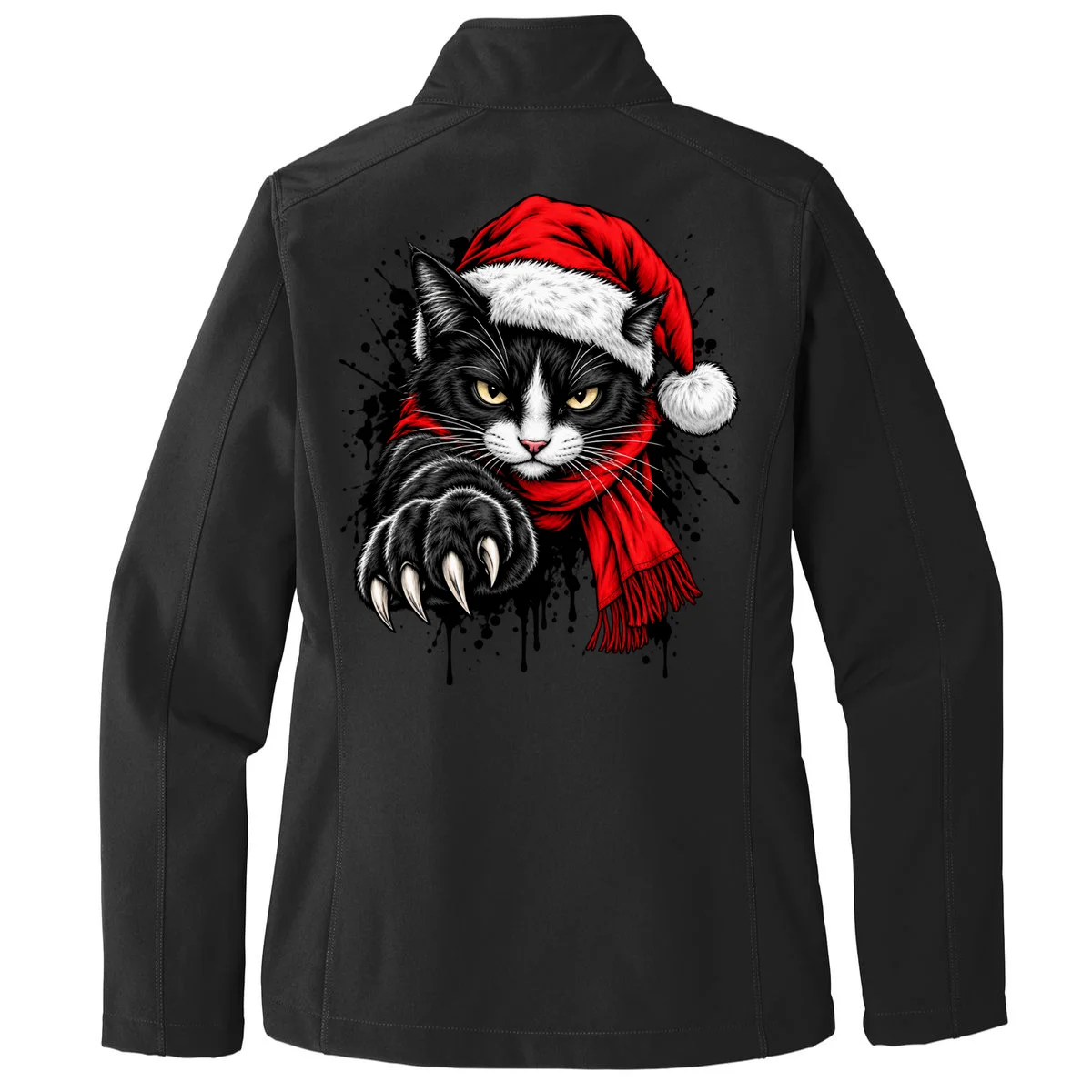 Christmas Cat Portrait Personalized Pet Gift - Grumpy Cat Santa Hat Custom Design Women's Soft Jacket - Back - Close-up