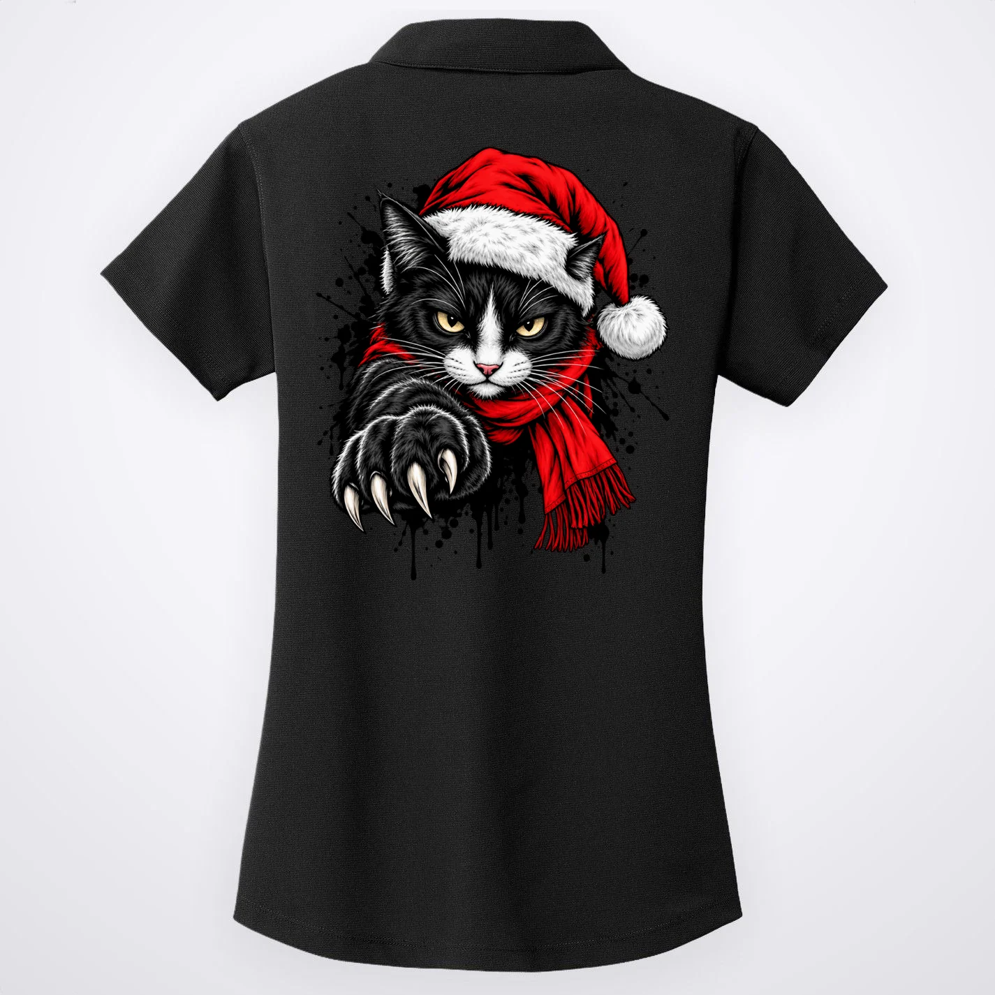Christmas Cat Portrait Personalized Pet Gift - Grumpy Cat Santa Hat Custom Design Women's Polo - Back - Close-up