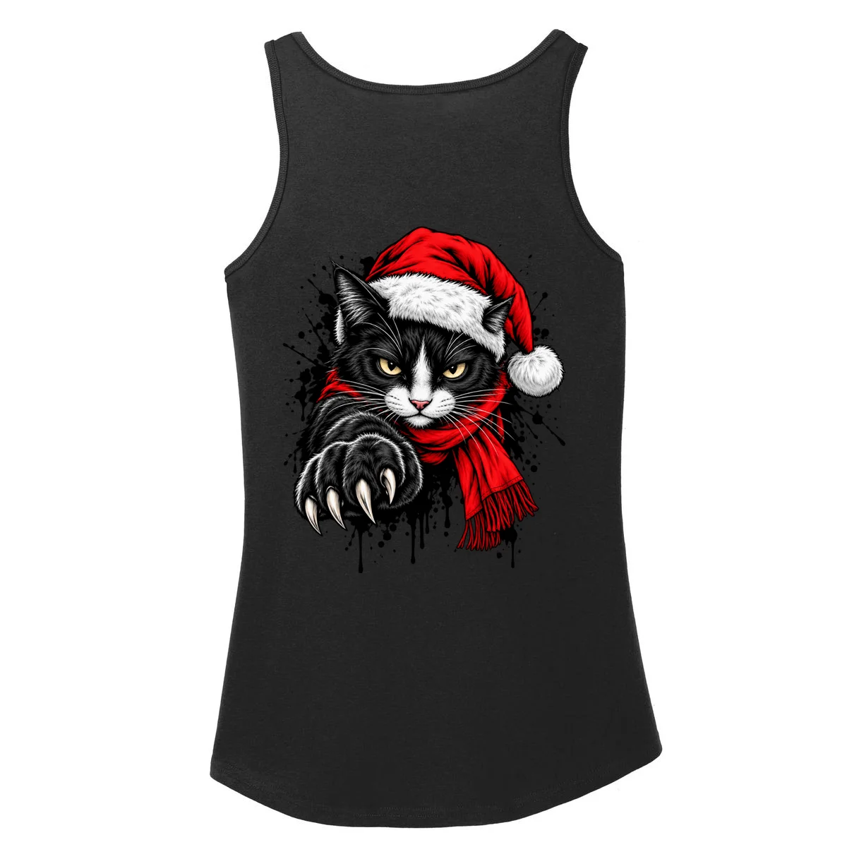Christmas Cat Portrait Personalized Pet Gift - Grumpy Cat Santa Hat Custom Design Women's Tank Top - Back - Close-up