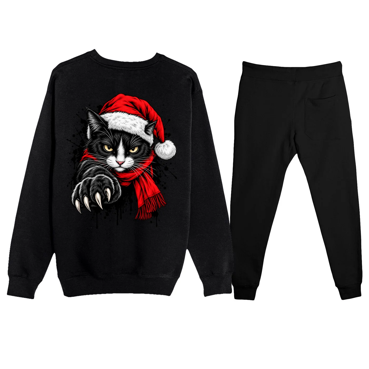 Christmas Cat Portrait Personalized Pet Gift - Grumpy Cat Santa Hat Custom Design Men's Sweatsuit - Back - Close-up