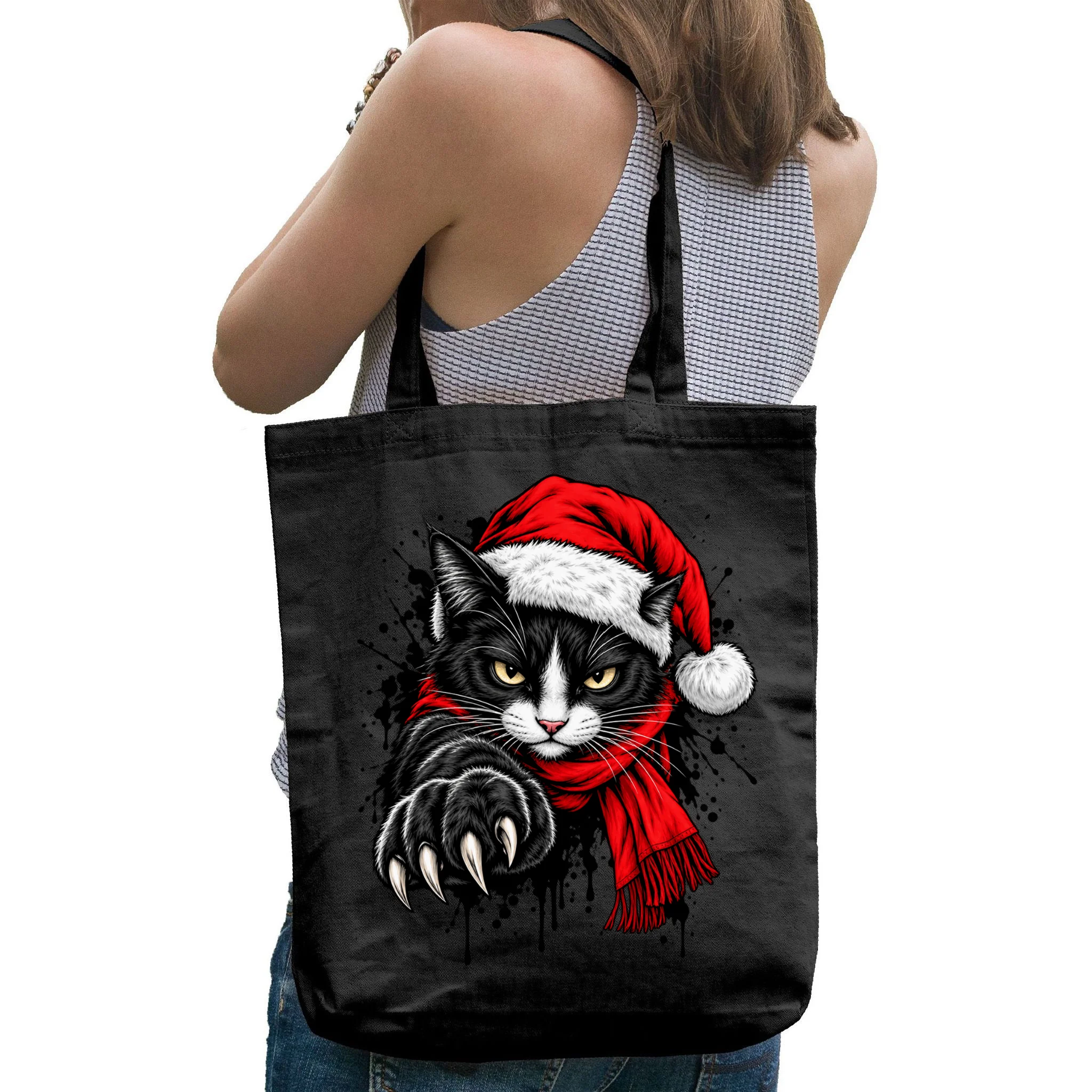 Christmas Cat Portrait Personalized Pet Gift - Grumpy Cat Santa Hat Custom Design Tote Bag - Back - Close-up