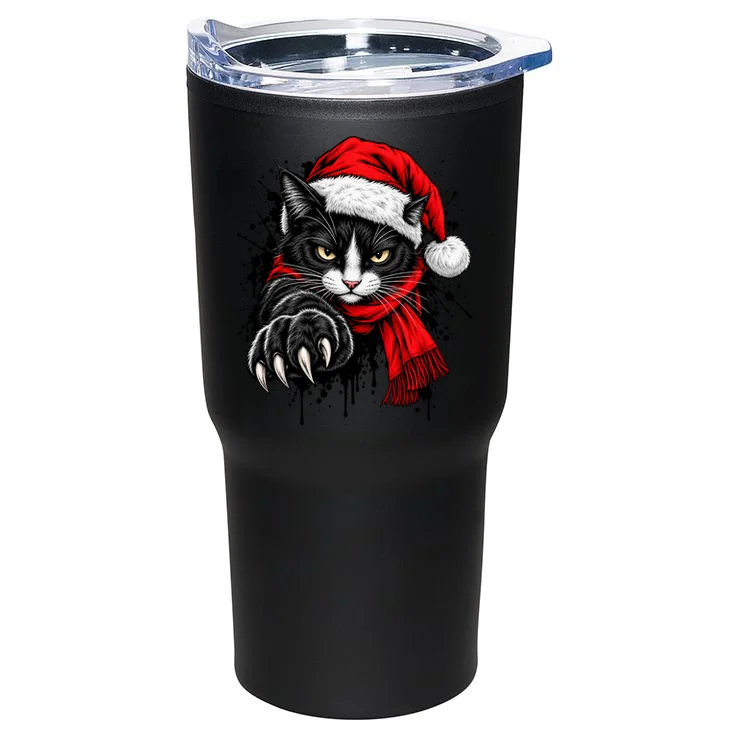 Christmas Cat Portrait Personalized Pet Gift - Grumpy Cat Santa Hat Custom Design 20oz Tumbler - Back