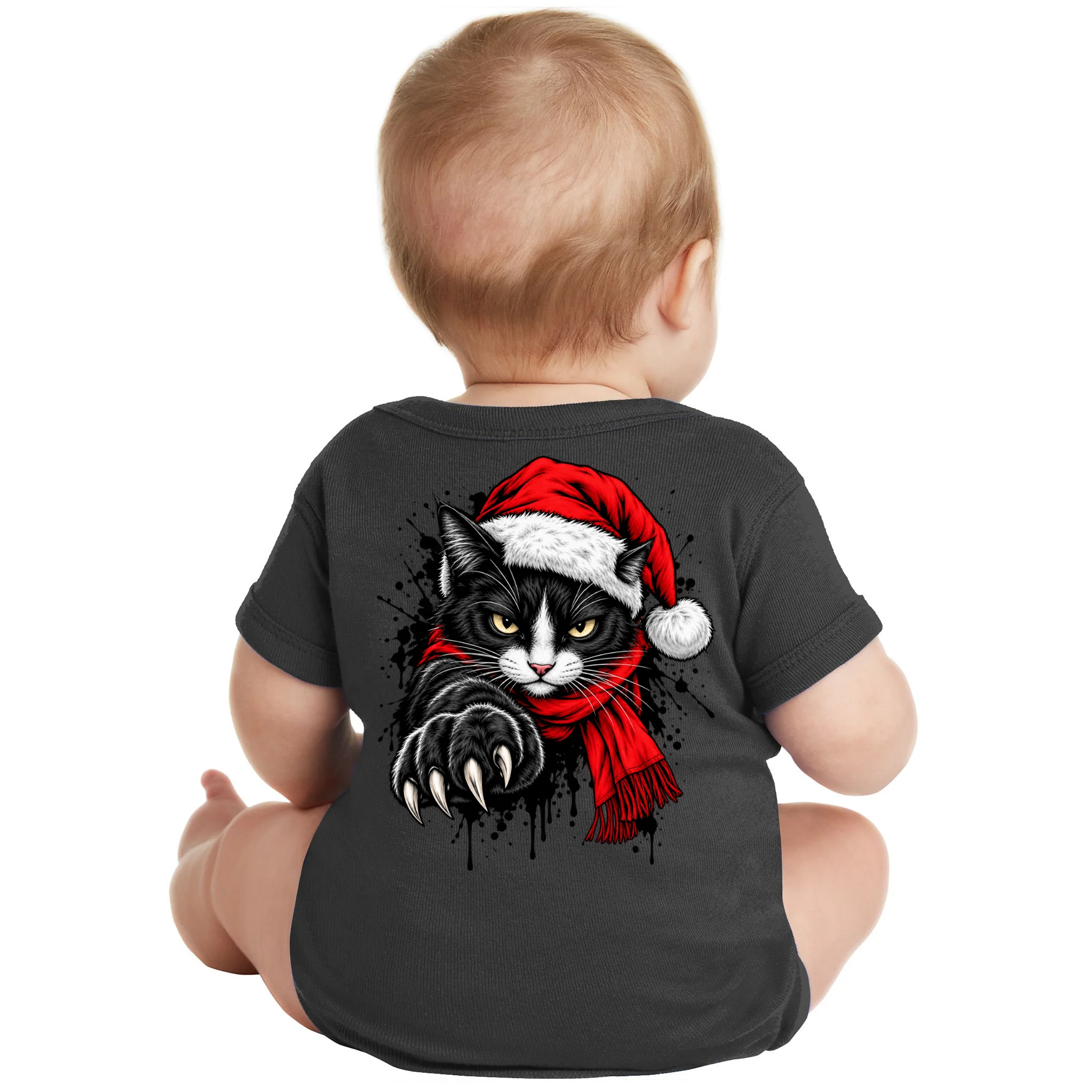 Christmas Cat Portrait Personalized Pet Gift - Grumpy Cat Santa Hat Custom Design Baby Bodysuit - Back - Close-up