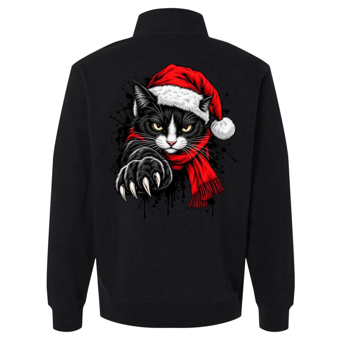 Christmas Cat Portrait Personalized Pet Gift - Grumpy Cat Santa Hat Custom Design Men's Pullover Quarter Zip - Back - Close-up