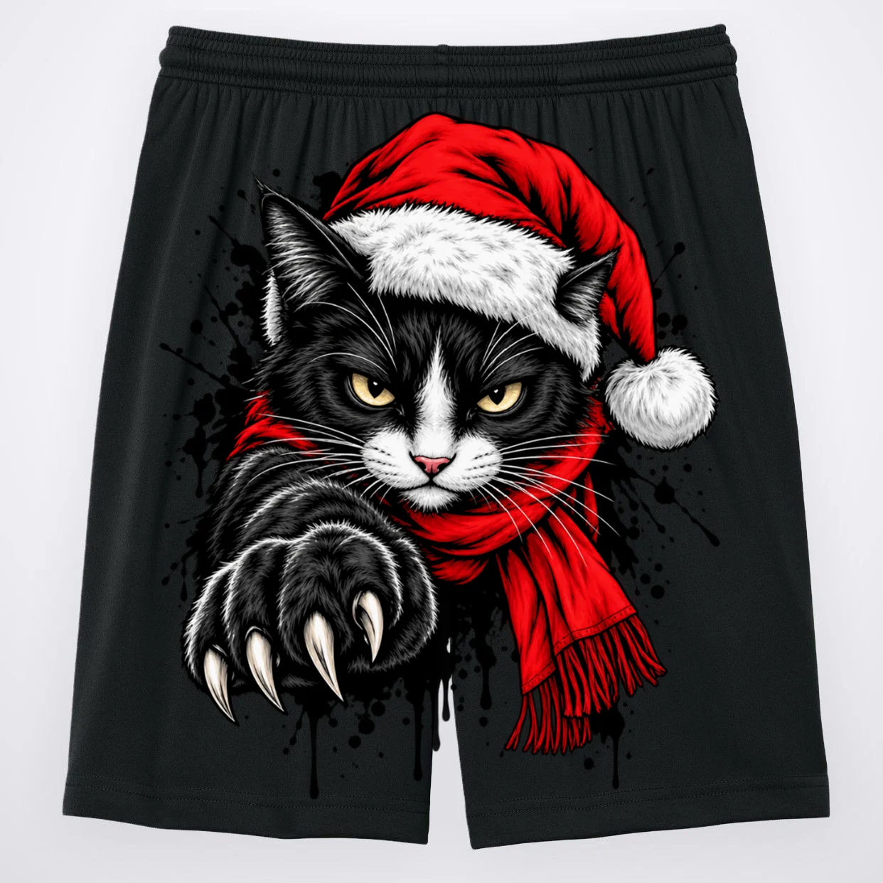 Christmas Cat Portrait Personalized Pet Gift - Grumpy Cat Santa Hat Custom Design Men's Shorts - Back