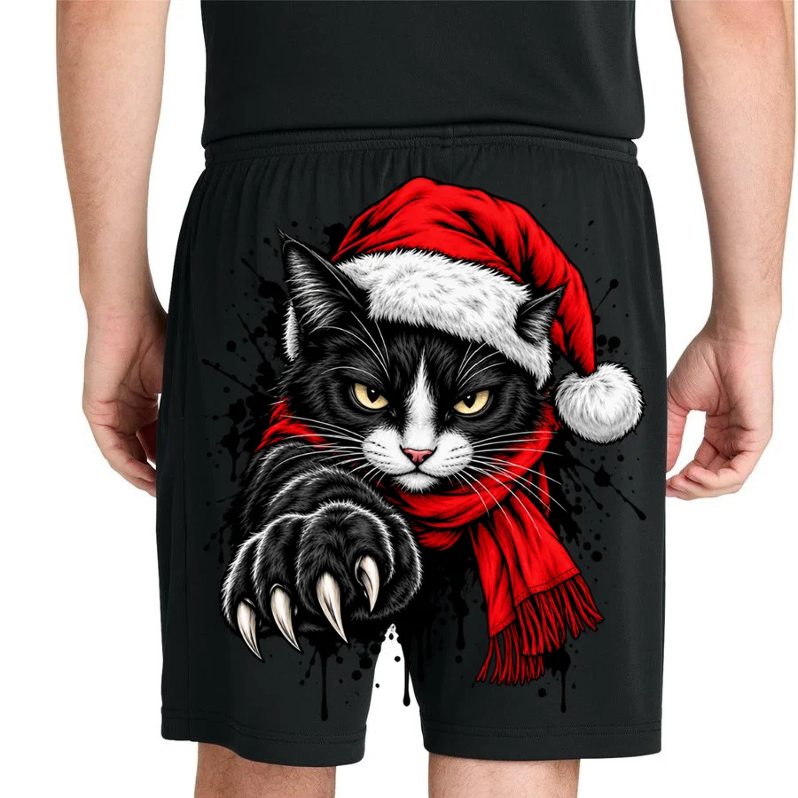 Christmas Cat Portrait Personalized Pet Gift - Grumpy Cat Santa Hat Custom Design Men's Shorts - Back 1
